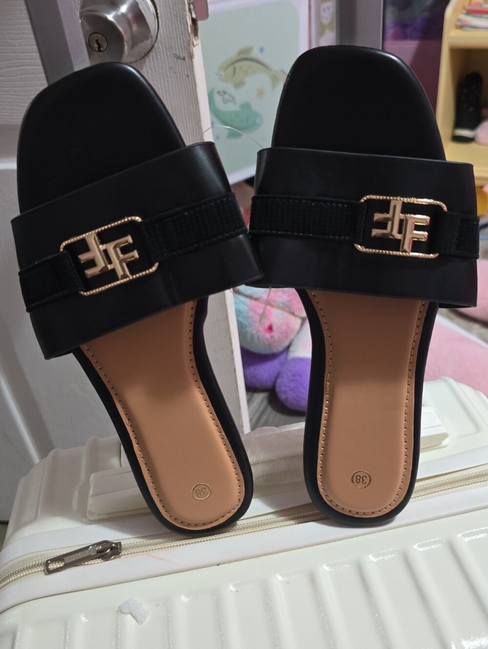 Black Slide Sandals with Gold Emblem - Women's
